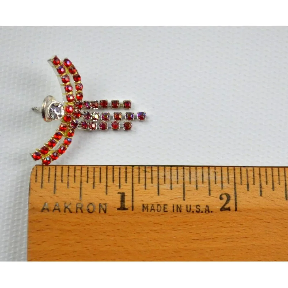 Vintage Silver Tone Jeweled Angel‎ Tac Pin Red Rhinestones & 1 Clear  1.25
